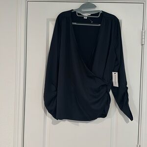 Dark Navy Blue,  wrap V neck long sleeves blouse